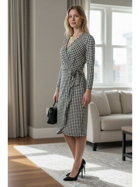 Houndstooth Print Stretch Wrap Dress t V-Neck Long Sleeves Black White Size M